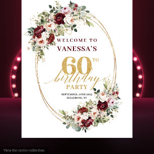Luxury Burgundy Gold Floral 60th Birthday Banner Tapestry