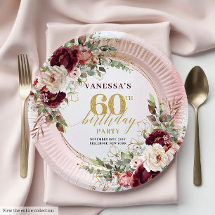 Luxury Burgundy Gold Floral 60th Birthday Boho  Paper Plate