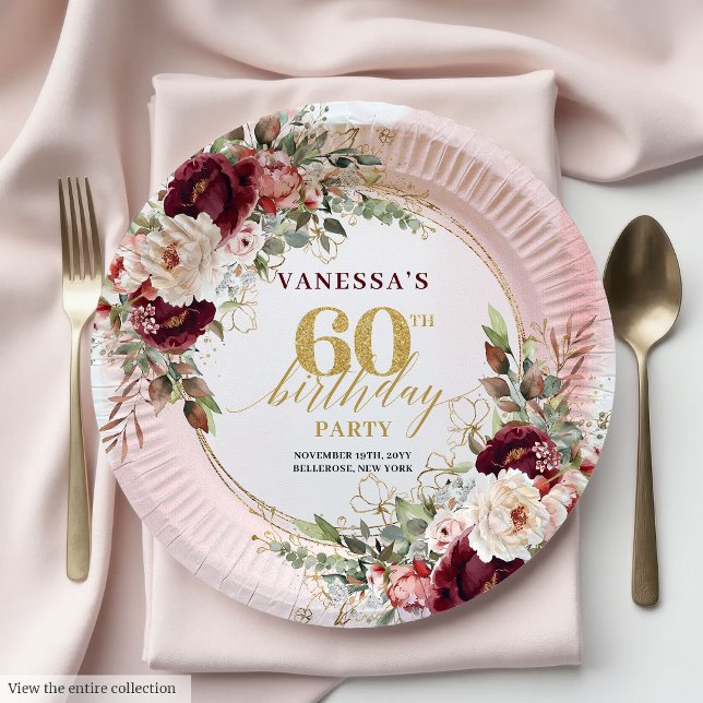 Luxury Burgundy Gold Floral 60th Birthday Boho  Paper Plate (Luxury Burgundy Gold Floral 60th Birthday Boho Plates)