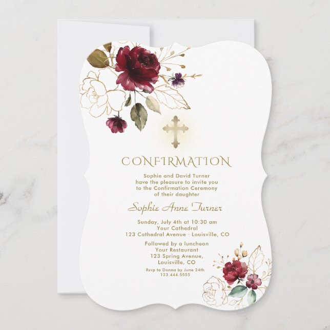 Luxury Burgundy Gold Floral Girl Confirmation Invitation (Front)