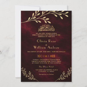 Luxury Burgundy Gold Floral Islamic Muslim Wedding Invitation