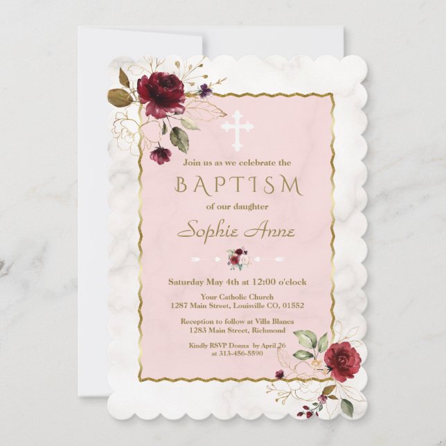 Luxury Burgundy Gold Flowers Marble Baptism Invitation (Front)