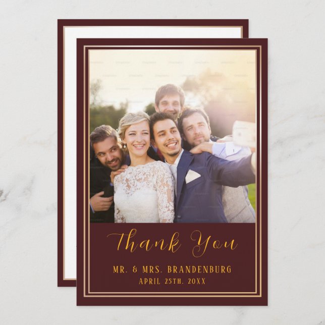 Luxury Burgundy & Gold Frame Photo Thank You Card (Front/Back)
