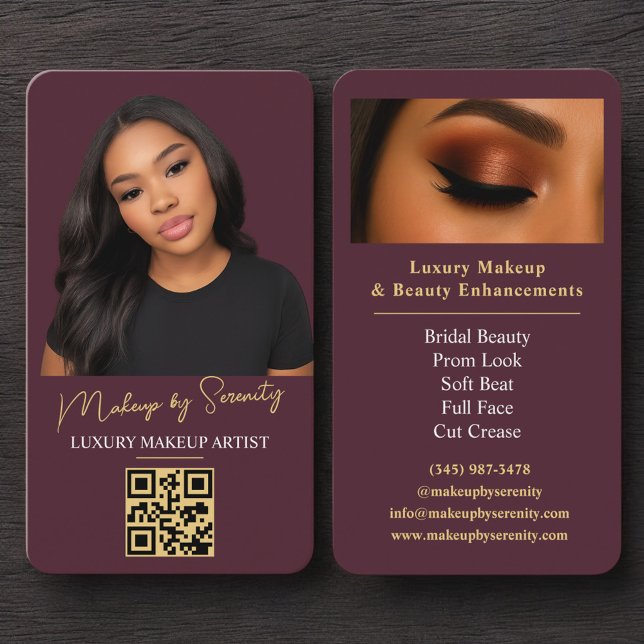 Luxury Burgundy Gold Makeup Artist QR Code Beauty Business Card (Creator Uploaded)