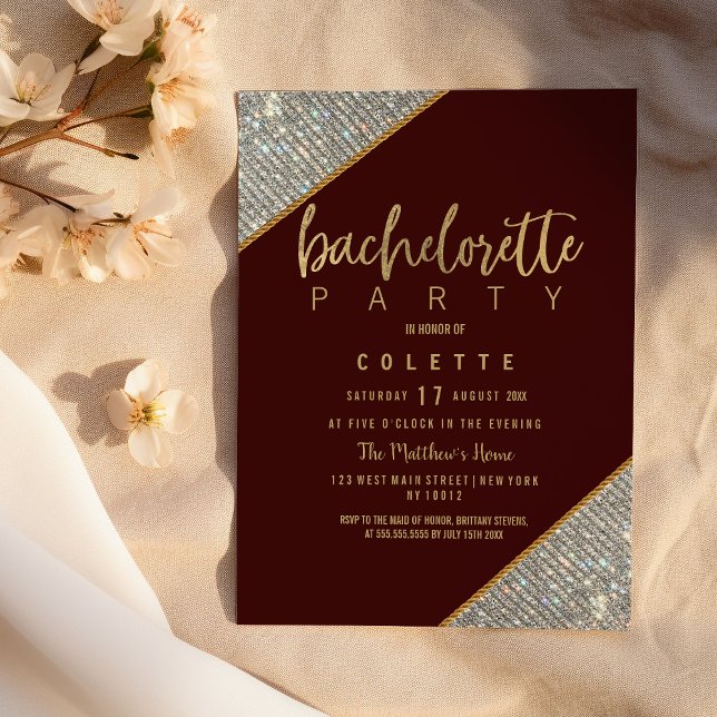 Luxury burgundy gold silver glitter Bachelorette Invitation (Luxury burgundy gold silver glitter Bachelorette )