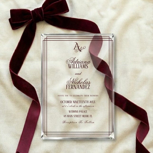 Luxury Burgundy Monogram Wedding Acrylic Invitations (Creator Uploaded)