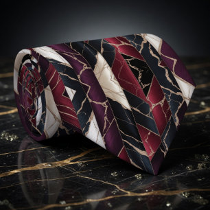 Luxury Burgundy Navy and Gold Marble Geometric Tie