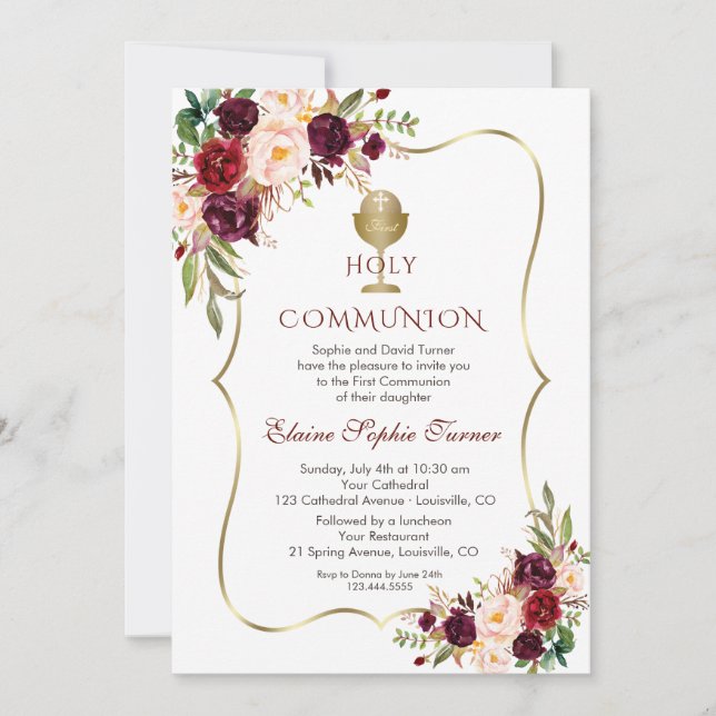 Luxury Burgundy Pink Floral Holy Communion Invitation (Front)