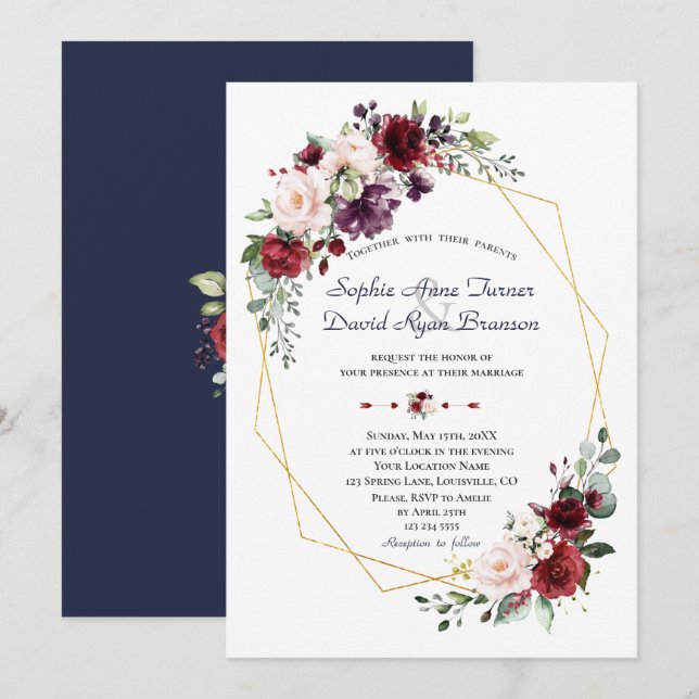 Luxury Burgundy Plum Blush Flowers Gold Wedding Invitation (Front/Back)