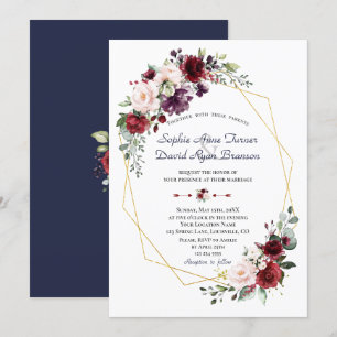 Luxury Burgundy Plum Blush Flowers Gold Wedding Invitation