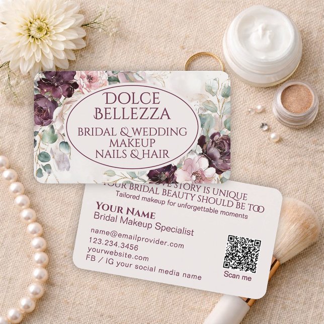Luxury Burgundy Purple Floral Bridal Makeup Artist Business Card (Creator Uploaded)