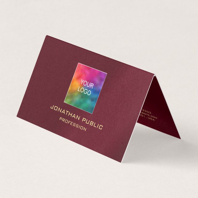 Luxury Burgundy Red Upload Your Logo Folded Business Card (Front)