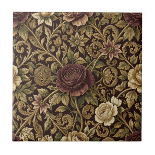 Luxury Burgundy Rose Gold Vine Floral Pattern Tile