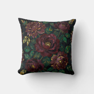 Luxury Burgundy Roses Gold Leaf Floral Cushion