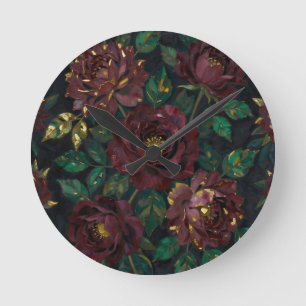 Luxury Burgundy Roses Gold Leaf Floral Round Clock