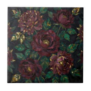 Luxury Burgundy Roses Gold Leaf Floral Tile