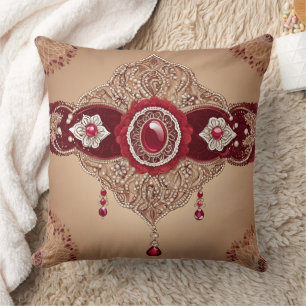 Luxury Burgundy Ruby Jewel and Gold Filigree Cushion