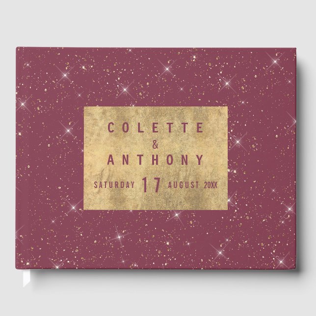Luxury burgundy sparkle gold glitter confetti guest book (Front)