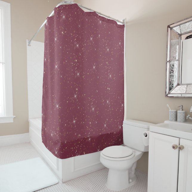 Luxury burgundy sparkle gold glitter confetti shower curtain (In Situ)