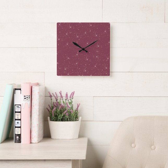 Luxury burgundy sparkle gold glitter confetti square wall clock (Reading Room)