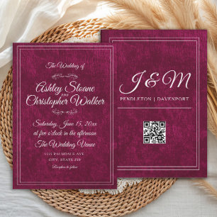 Luxury Burgundy Velvet White Monogram QR code Invitation
