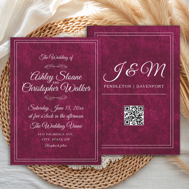 Luxury Burgundy Velvet White Monogram QR code Invitation (Velvet burgundy script forward wedding invitation)