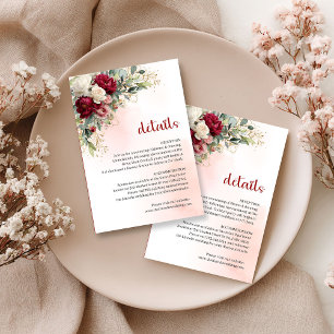 Luxury Burgundy White Floral Gold Wedding Details Enclosure Card