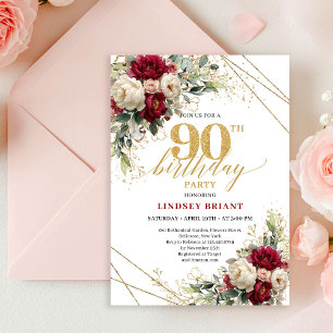 Luxury Burgundy White Roses Gold 90th Birthday Invitation