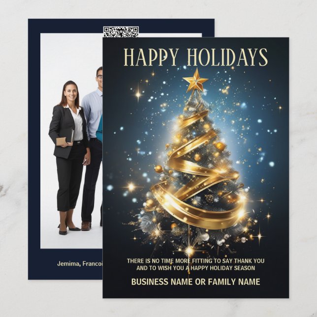 Luxury business christmas blue gold photo logo DIY Holiday Card (Front/Back)