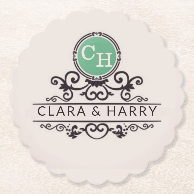Luxury Calligraphic Elegant Monogram Minimal Paper Coaster (Front)