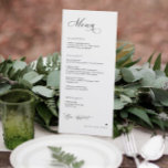 Luxury Calligraphy Elegant Wedding Reception Menu<br><div class="desc">Simple elegant wedding dinner menu: This elegant and simple black and white wedding menu captures a soft, romantic feel that perfectly complements any modern and timeless wedding theme. Personalised with the couple's names, the front of the menu beautifully showcases each course in a clean and sophisticated layout, exuding understated elegance....</div>