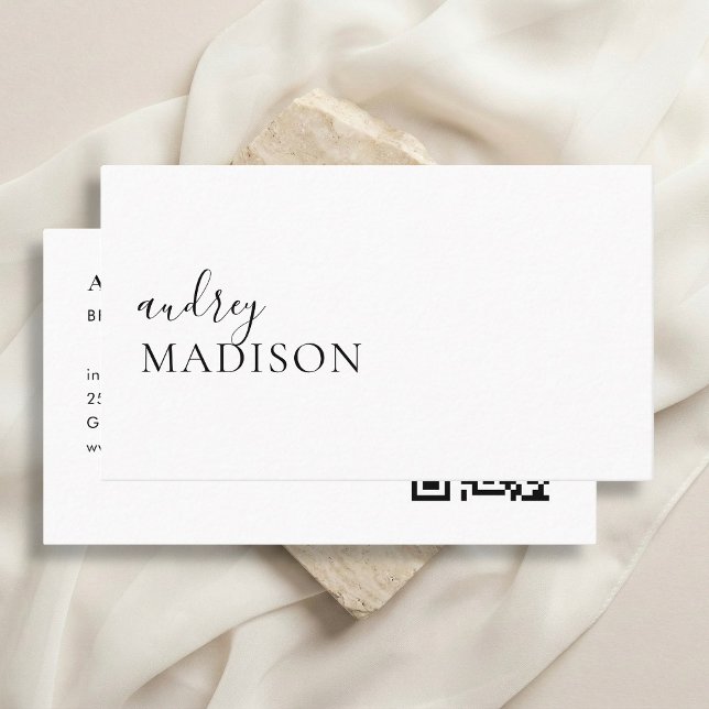 Luxury Calligraphy Girly QR Code White Business Card (Creator Uploaded)