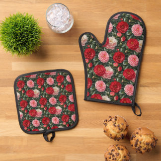 Luxury Camellia Blossom Foliage Oven Mitt & Pot Holder Set