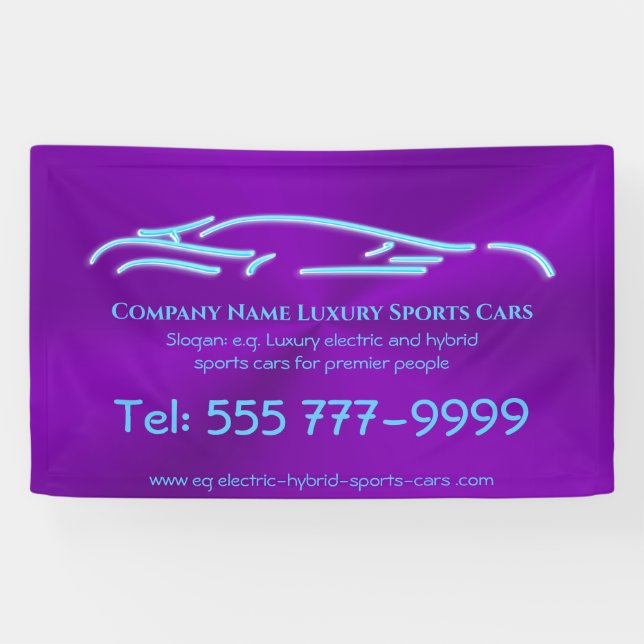 Luxury Car logo - Ice Blue Sports Car on purple Banner (Horizontal)