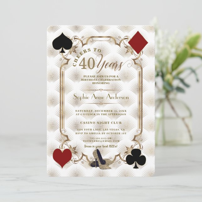 Luxury Casino Gold Cheers To 40 Years Birthday Invitation (Standing Front)