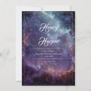 Luxury Celestial Nebula Purple Gold Frame Wedding Invitation