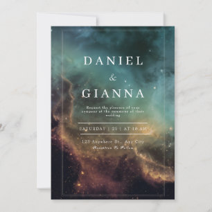 Luxury Celestial Teal Gold Nebula Wedding Invitation