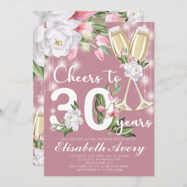 Luxury Champagne Floral 30th Birthday Party Invitation (Front/Back)