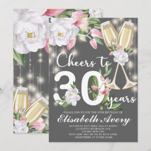 Luxury Champagne Floral Grey 30th Birthday Party Invitation