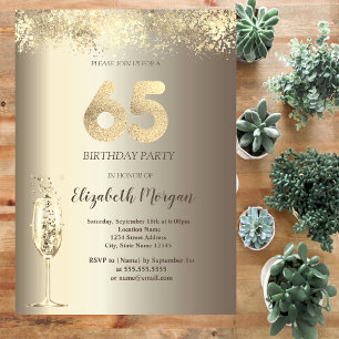 Luxury Champagne Glass Gold Confetti 65th Birthday Invitation