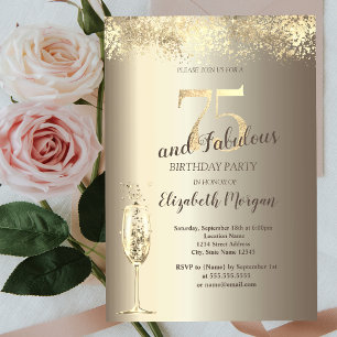 Luxury Champagne Glass Gold Confetti 75th Birthday Invitation