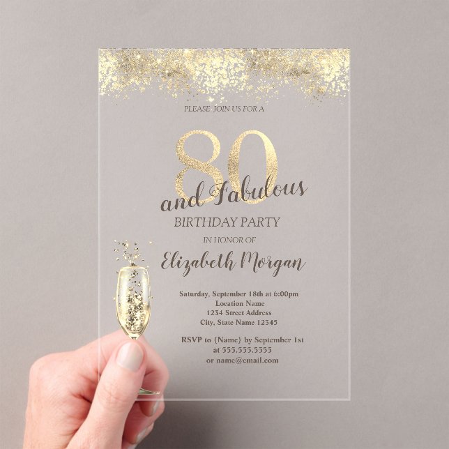 Luxury Champagne Glass Gold Confetti 80th Birthday Acrylic Invitations (Insitu (Handheld))