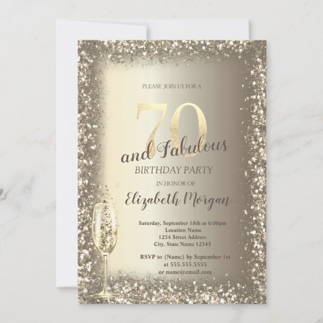 Luxury Champagne Glass Gold Confetti Frame 70th  Invitation (Front)