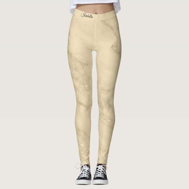 Luxury Champagne Gold Glitter Marble Add Text Leggings (Front)