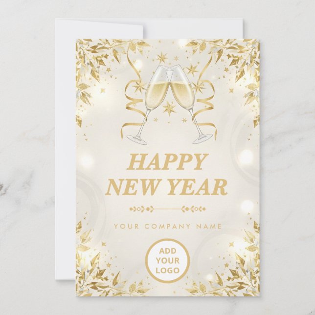 Luxury Champagne & White Business Happy New Year Holiday Card (Front)