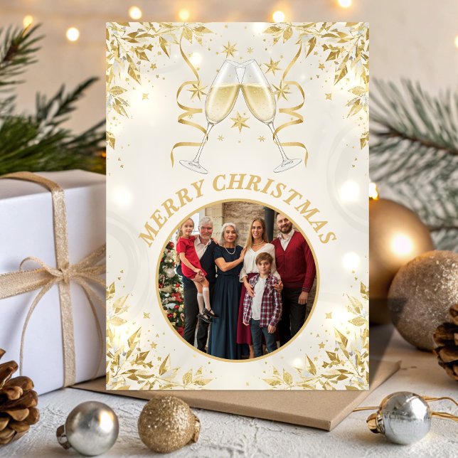Luxury Champagne & White Family Christmas Photo Holiday Card (Creator Uploaded)
