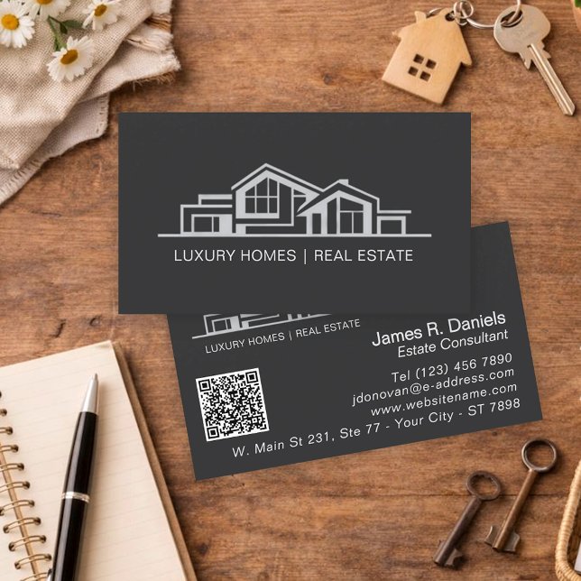 Luxury Charcoal Gray Real Estate Chic Professional Business Card (Creator Uploaded)