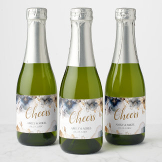 Luxury Cheers Floral Navy Blue Sparkling Wine Label