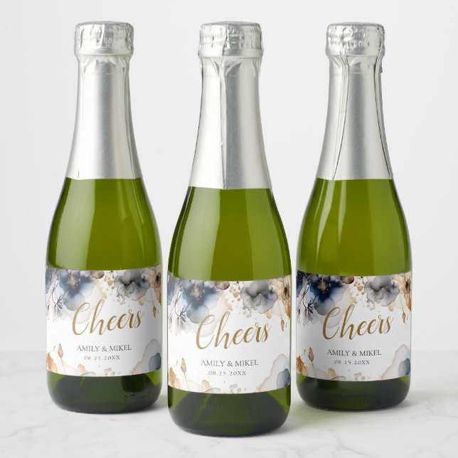 Luxury Cheers Floral Navy Blue  Sparkling Wine Label (Bottles)