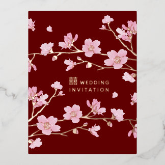 Luxury Cherry Blossom Personalised Gold Foil Invitation Postcard